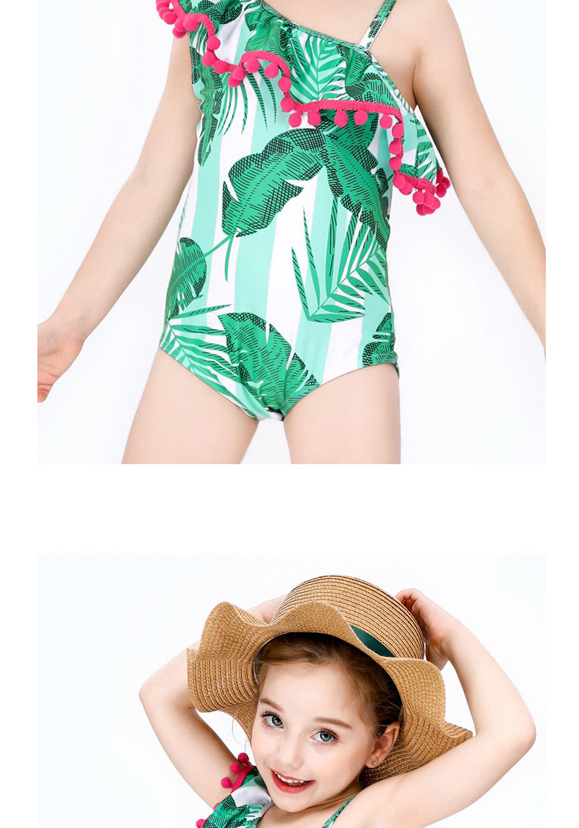 Fashion Green Shoulder Childrens Green Slanted Ball Ball Fringed Banana Leaf One-piece Swimsuit,Kids Swimwear