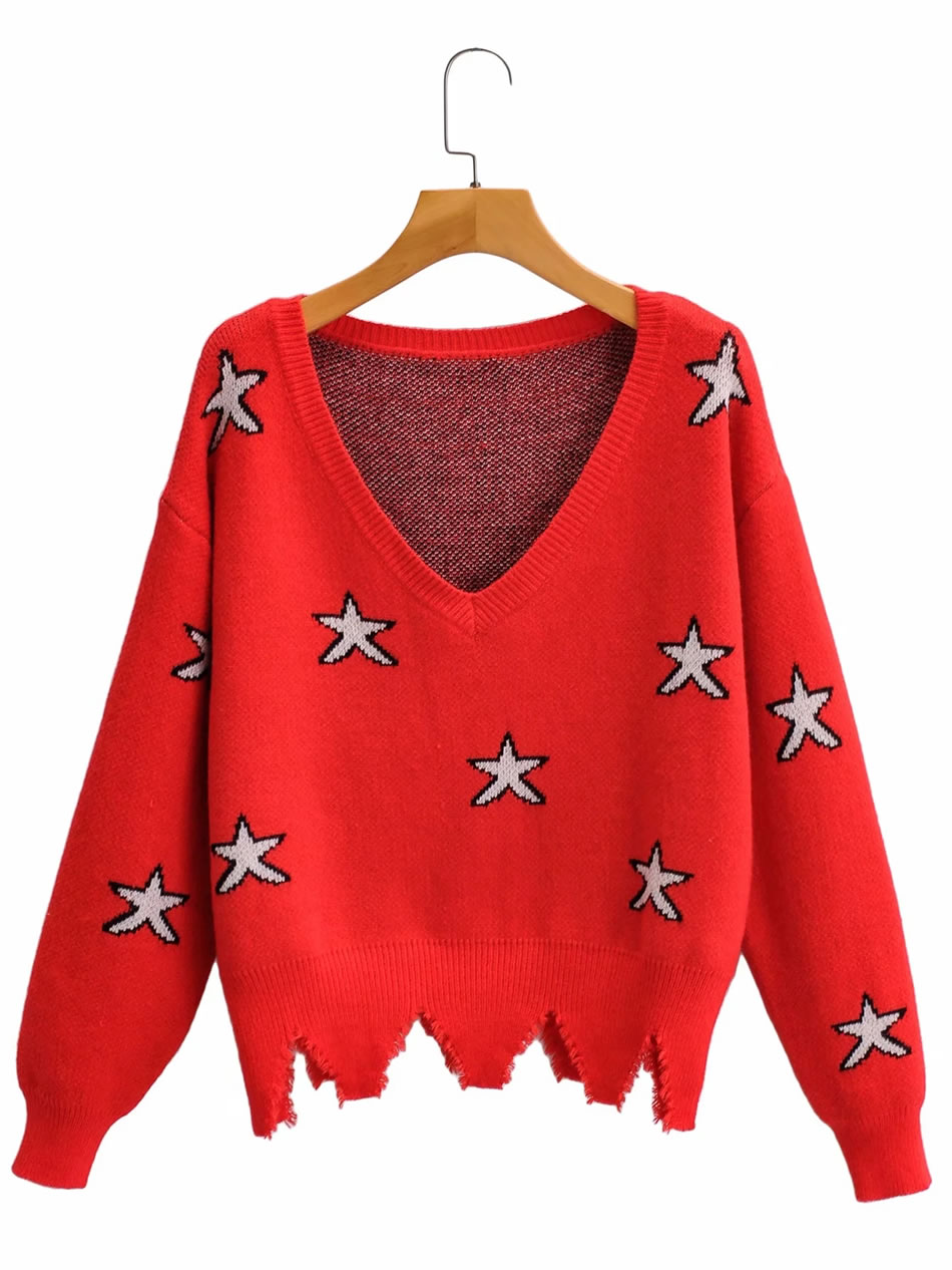 Fashion Red Five-pointed Star Irregular Hem V-neck Knitted Sweater,Sweater