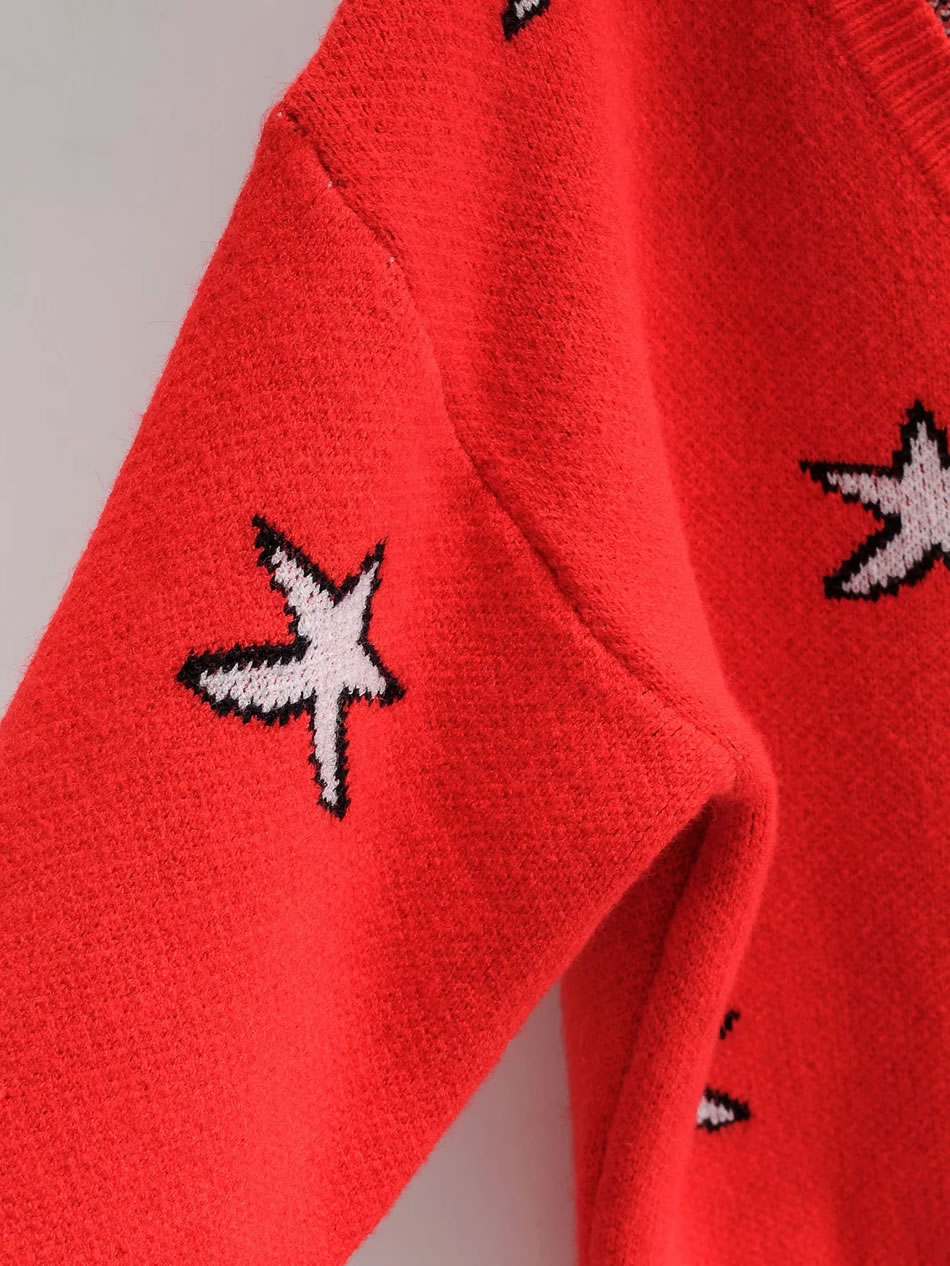 Fashion Red Five-pointed Star Irregular Hem V-neck Knitted Sweater,Sweater