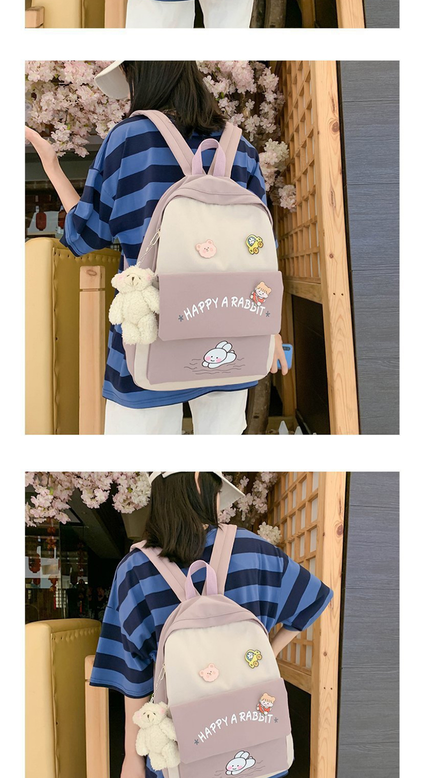 Fashion Pink Bear Pendant Contrast Letters Rabbit Print Backpack,Backpack