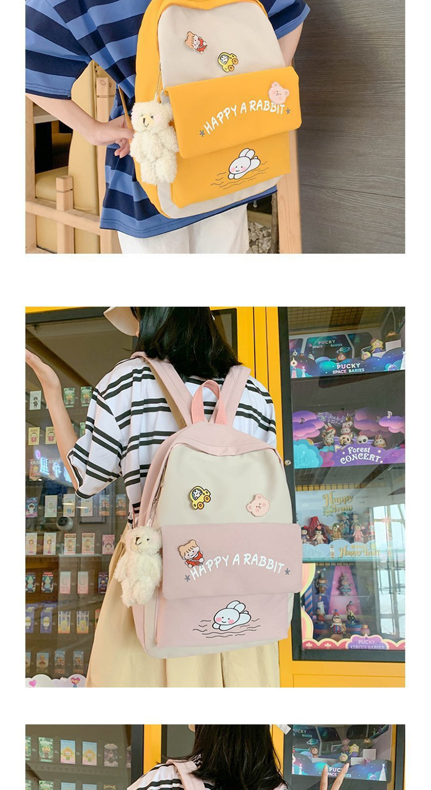 Fashion Yellow Send Bear Pendant Contrasting Letters Rabbit Print Backpack,Backpack