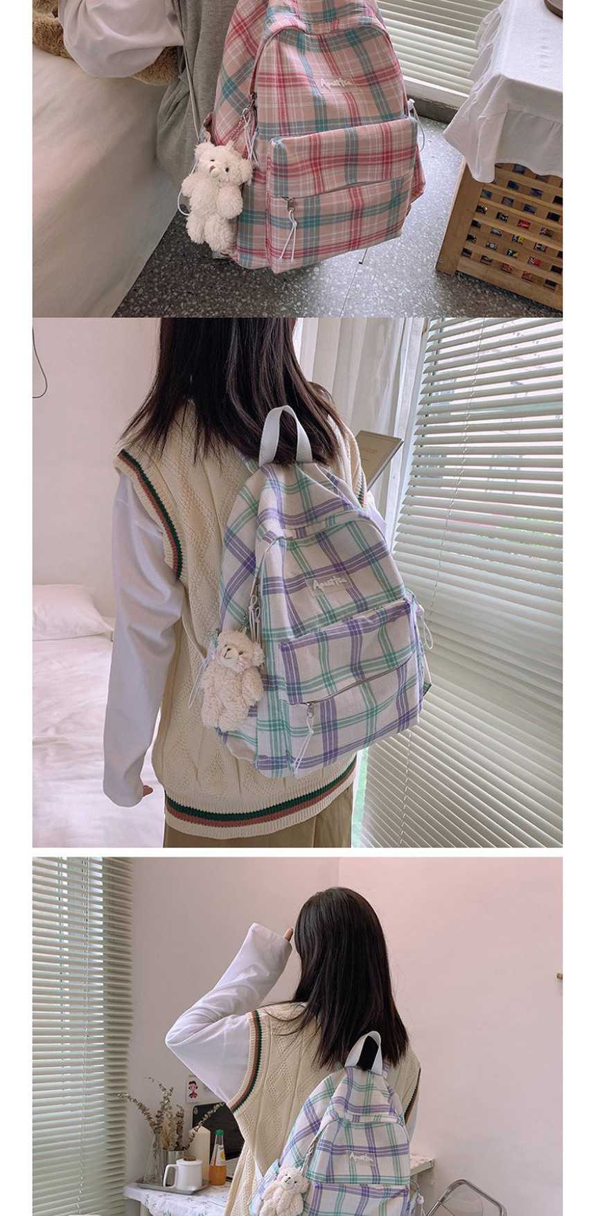 Fashion Pink Bear Pendant Check Letter Backpack,Backpack