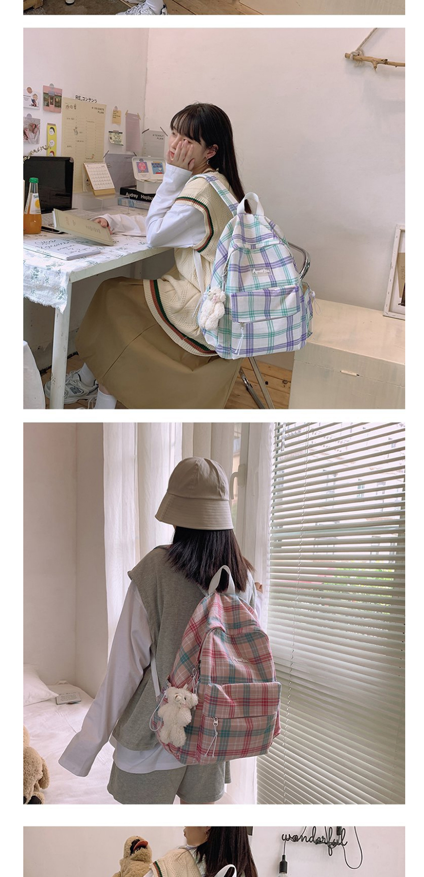 Fashion Pink Bear Pendant Check Letter Backpack,Backpack