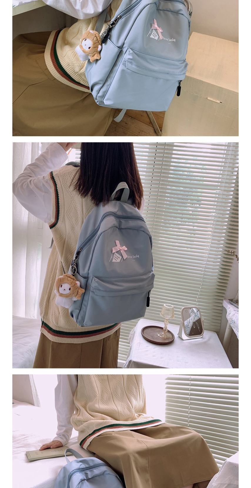 Fashion Blue Send Plush Pendant Bow Letter Print Backpack,Backpack