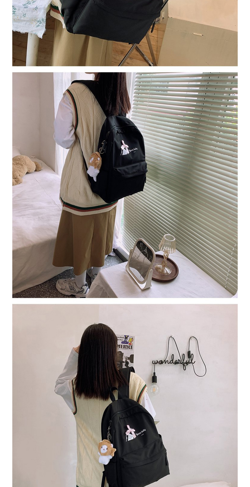 Fashion Black Send Plush Pendant Bow Letter Print Backpack,Backpack