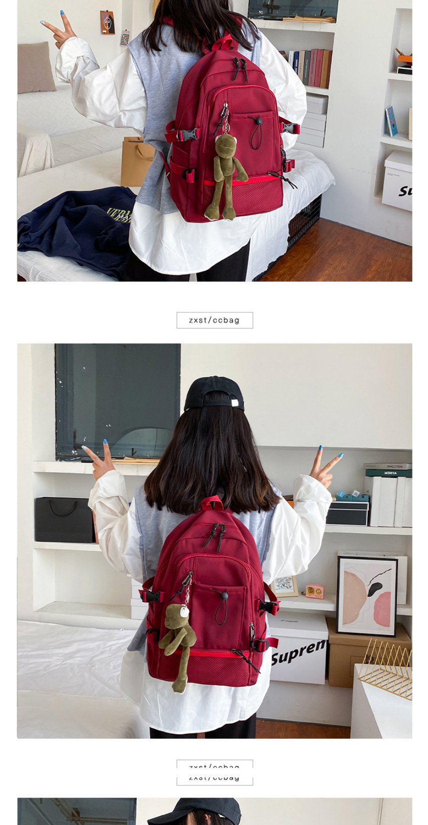 Fashion Red Send Frog Pendant Large-capacity Mesh Stitching Drawstring Backpack,Backpack