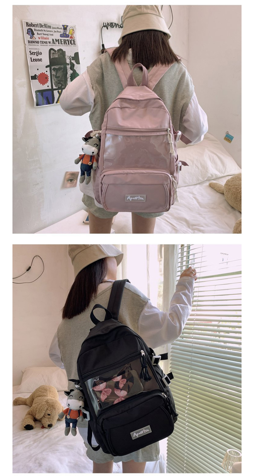 Fashion Pink Send Pendant Large Capacity Transparent Stitching Solid Color Backpack,Backpack
