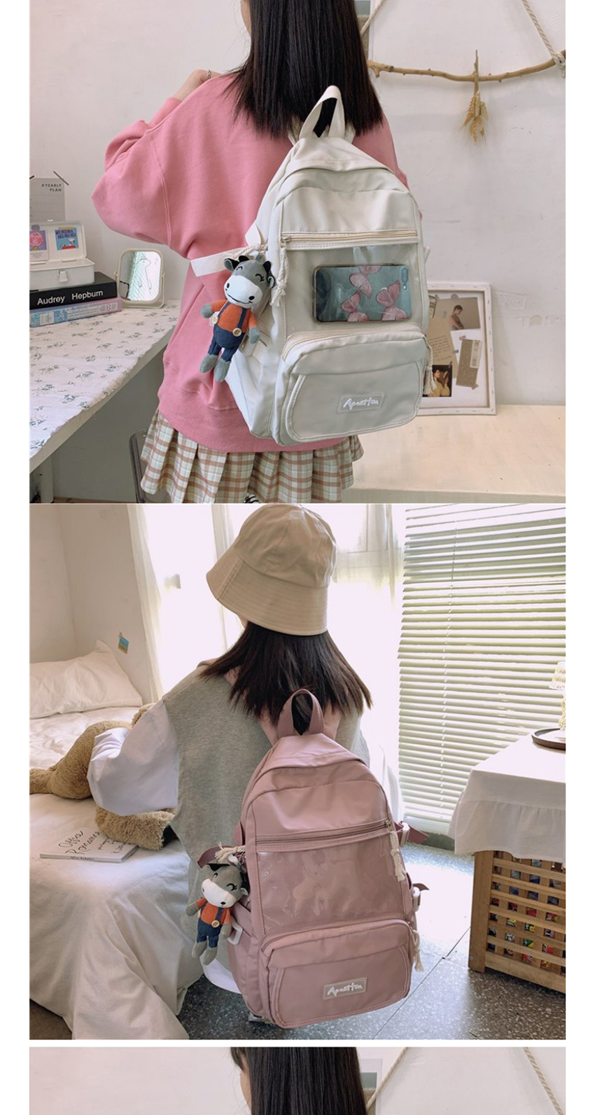 Fashion Pink Send Pendant Large Capacity Transparent Stitching Solid Color Backpack,Backpack