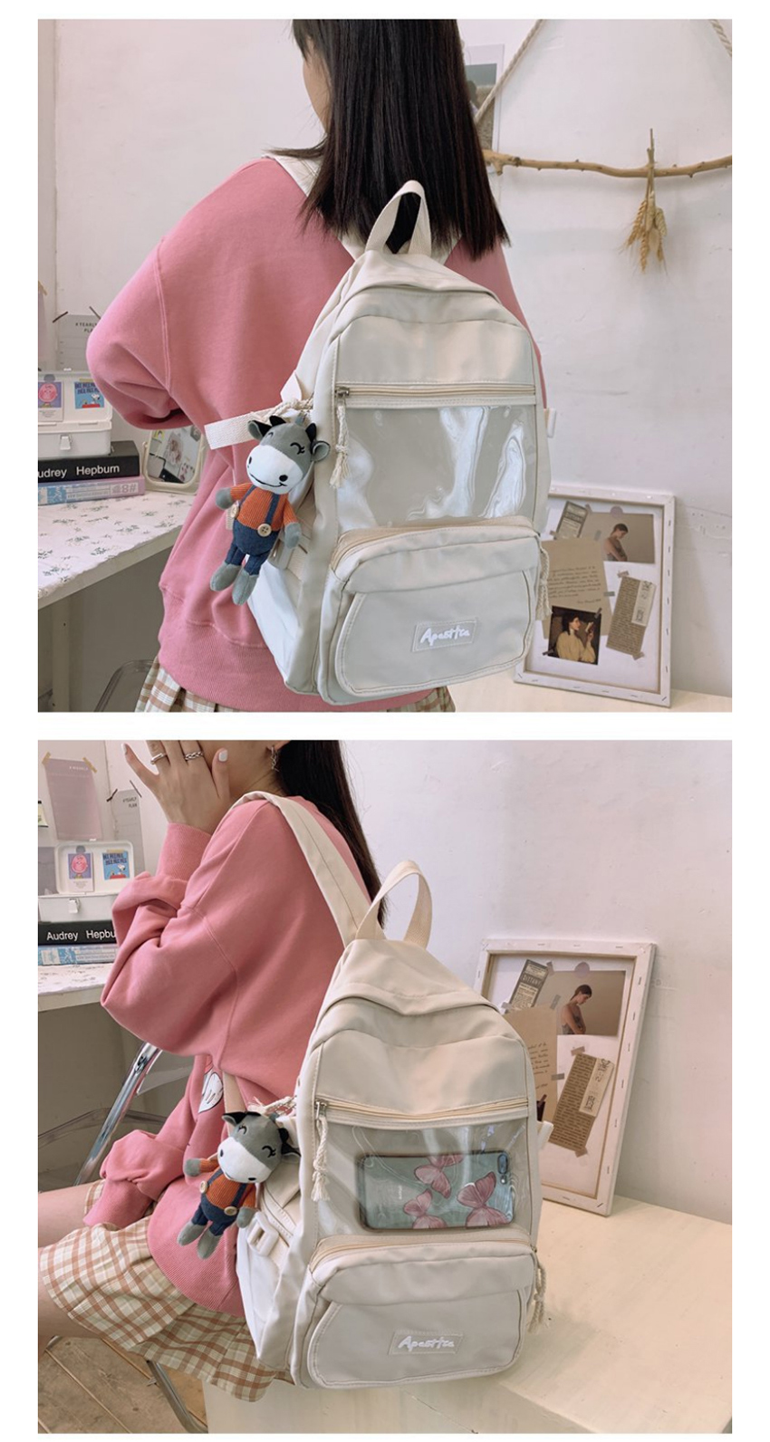 Fashion Blue Send Pendant Large Capacity Transparent Stitching Solid Color Backpack,Backpack