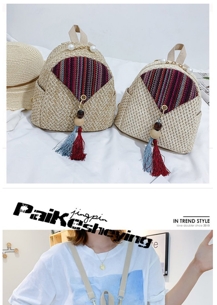 Fashion Khaki Straw Tassel Contrast Pearl Backpack,Backpack