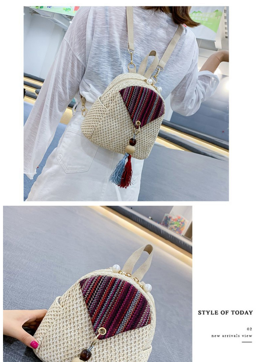 Fashion Creamy-white Straw Tassel Contrast Pearl Backpack,Backpack