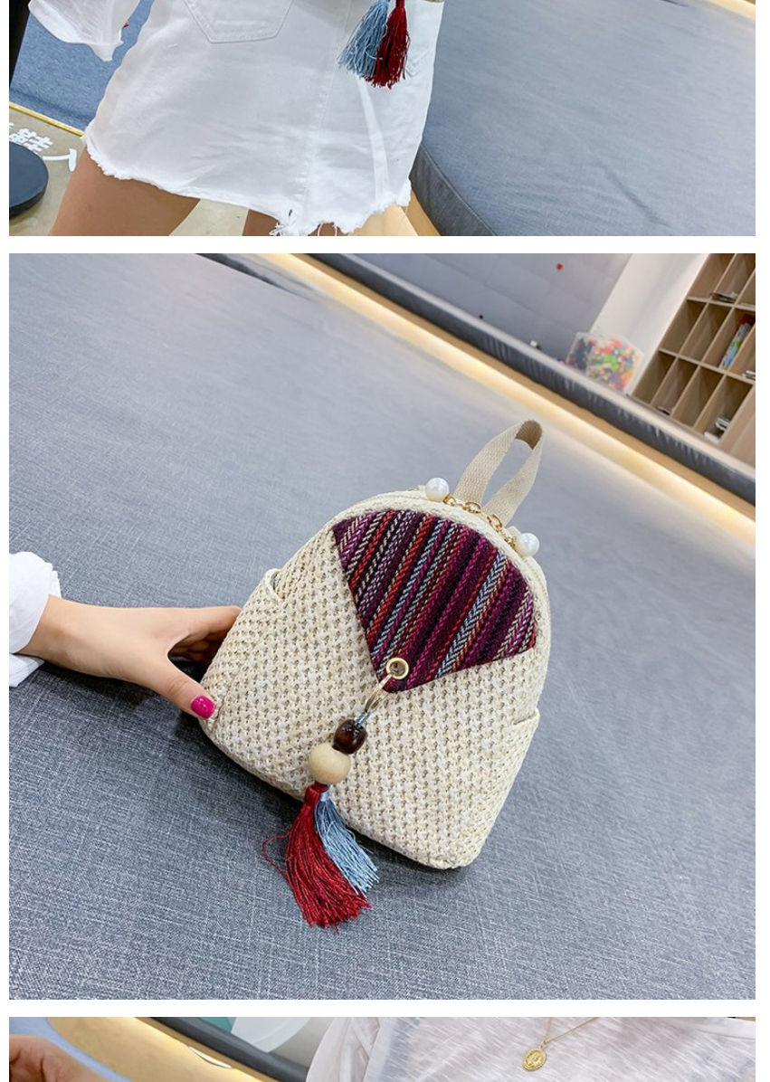 Fashion Creamy-white Straw Tassel Contrast Pearl Backpack,Backpack