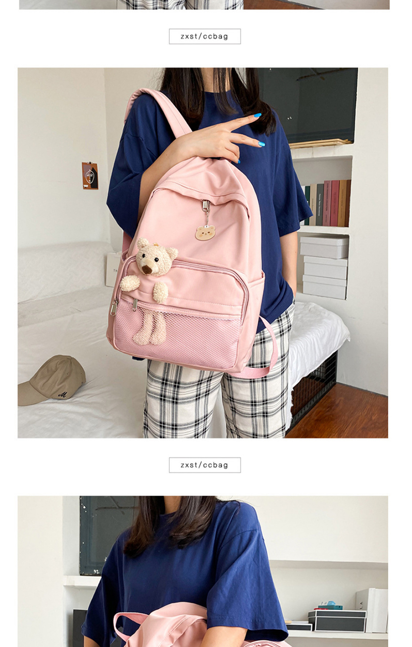 Fashion Pink Bear Pendant Plush Bear Net Yarn Solid Color Backpack,Backpack