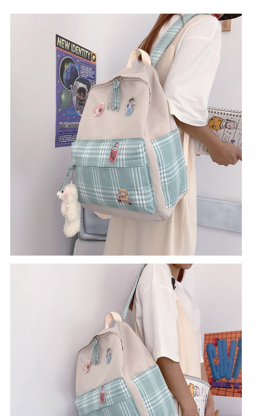 Fashion Blue Send Bear Pendant Contrast Checkered Nylon Fabric Backpack,Backpack
