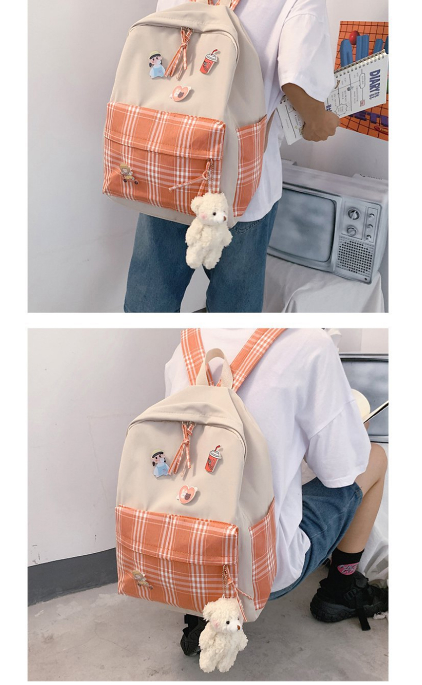 Fashion Gray Send Bear Pendant Contrast Checkered Nylon Fabric Backpack,Backpack