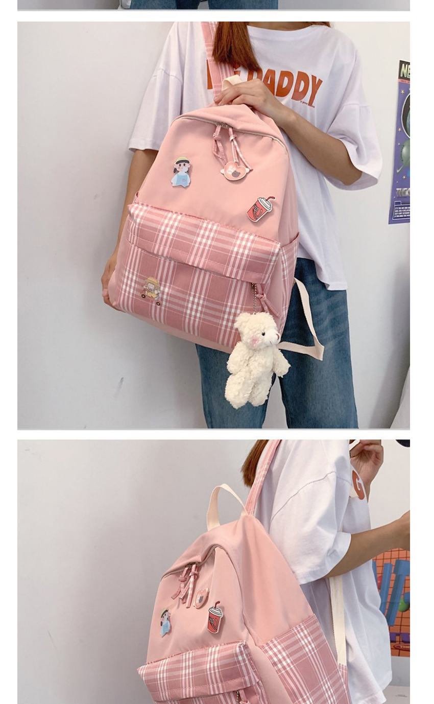 Fashion Pink Bear Pendant Contrasting Plaid Stitching Nylon Backpack,Backpack