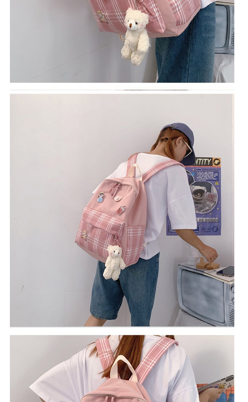 Fashion Orange Send Bear Pendant Contrast Checkered Nylon Fabric Backpack,Backpack