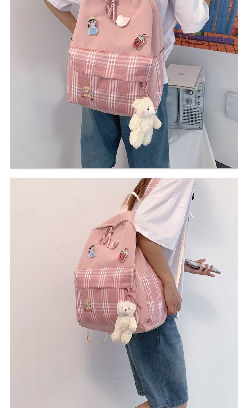 Fashion Orange Send Bear Pendant Contrast Checkered Nylon Fabric Backpack,Backpack