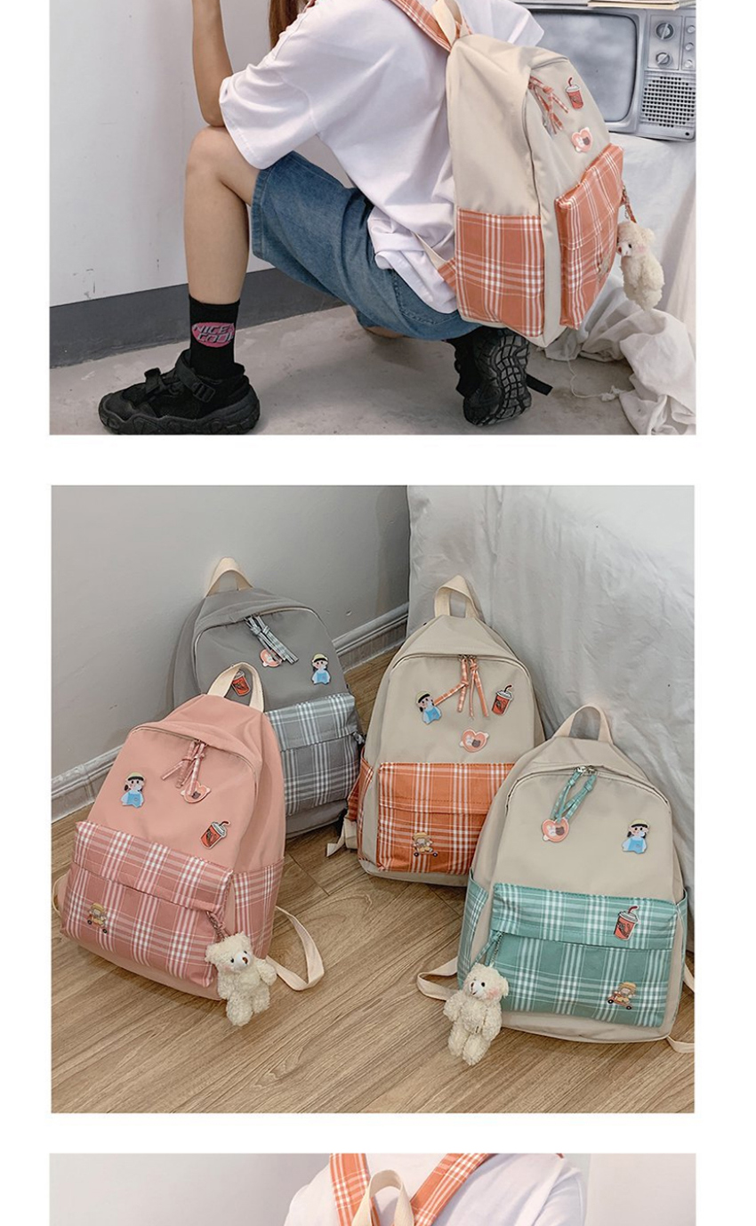 Fashion Blue Send Bear Pendant Contrast Checkered Nylon Fabric Backpack,Backpack