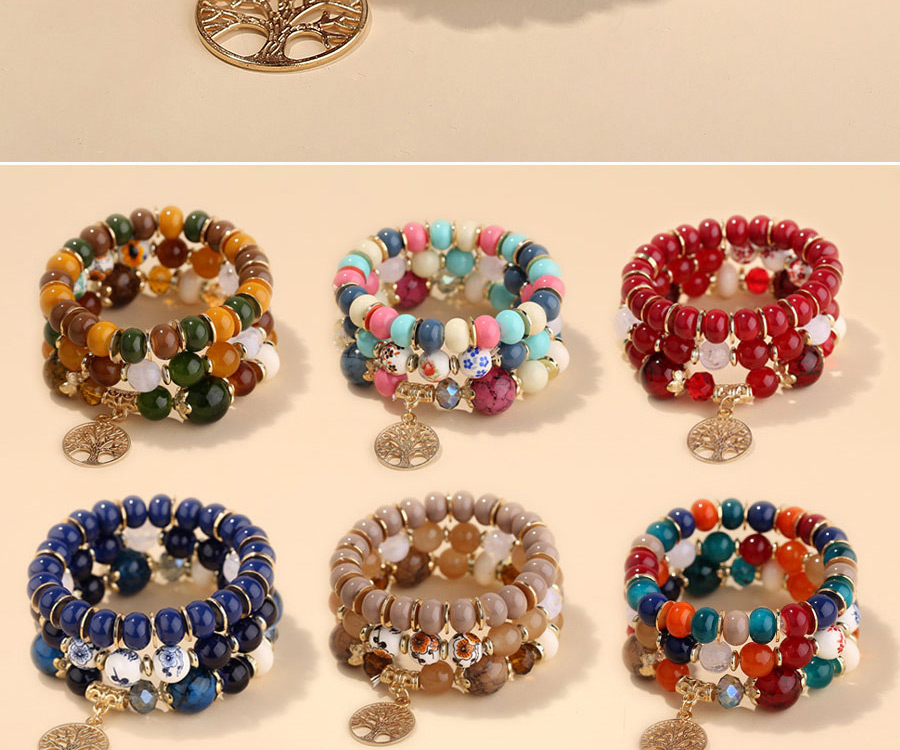 Fashion Color Mixing Alloy Tree Of Life Pendant Crystal Beaded Multilayer Bracelet,Fashion Bracelets
