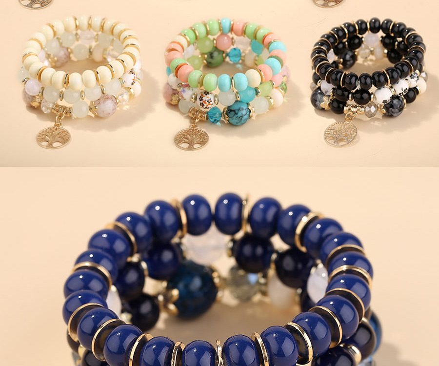 Fashion Royal Blue Alloy Tree Of Life Pendant Crystal Beaded Multilayer Bracelet,Fashion Bracelets
