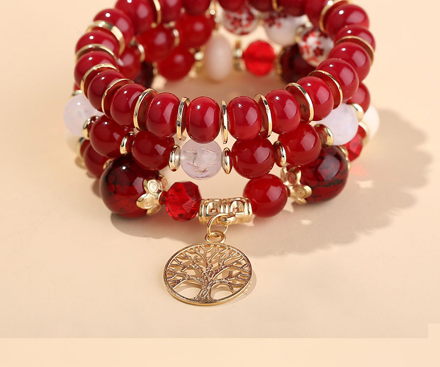 Fashion Red Wine Alloy Tree Of Life Pendant Crystal Beaded Multilayer Bracelet,Fashion Bracelets