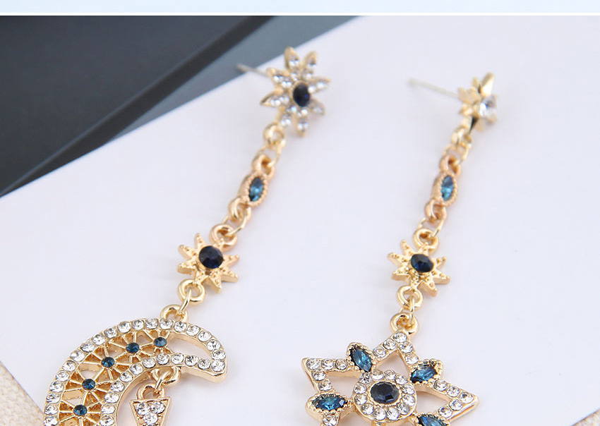 Fashion Gold Color Diamond Star And Moon Asymmetrical Stud Earrings,Stud Earrings