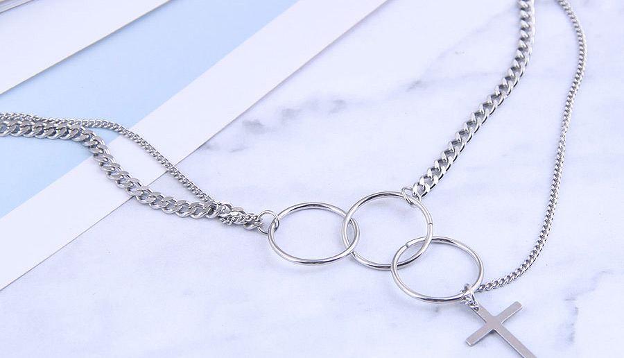 Fashion Silver Color Multi-ring Cross Stainless Steel Multilayer Necklace,Pendants