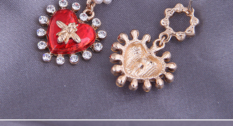 Fashion Red Diamond Peach Heart Pearl Bee Alloy Stud Earrings,Stud Earrings