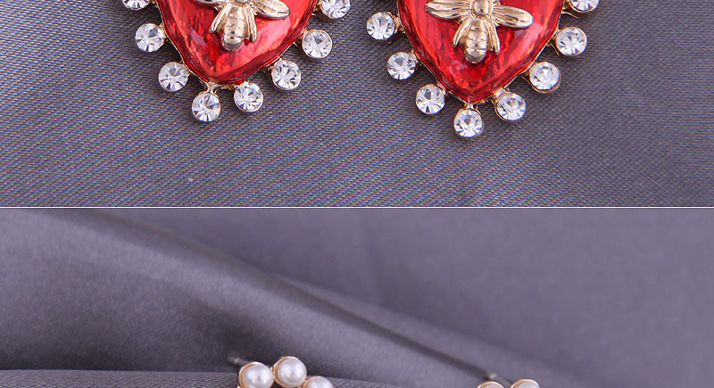 Fashion Red Diamond Peach Heart Pearl Bee Alloy Stud Earrings,Stud Earrings