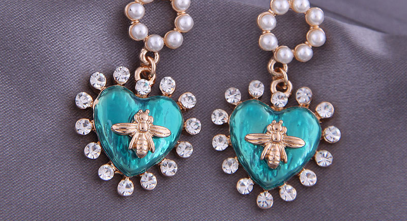Fashion Blue Diamond Peach Heart Pearl Bee Alloy Stud Earrings,Stud Earrings