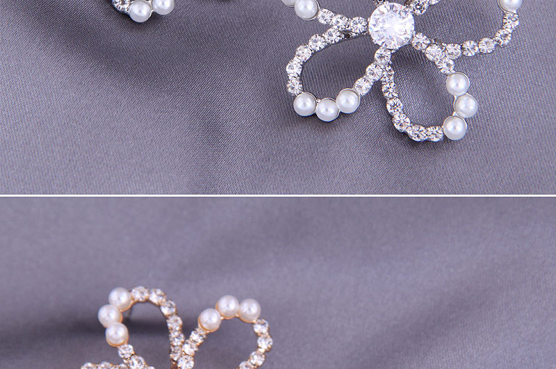 Fashion Silver Diamond And Pearl Flower Hollow Alloy Stud Earrings,Stud Earrings