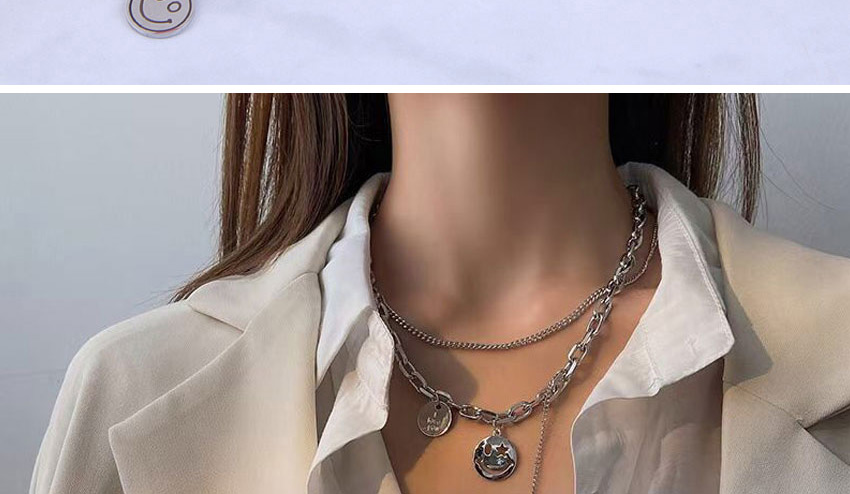Fashion Silver Smiley Face Stainless Steel Tassel Double Layer Necklace,Multi Strand Necklaces