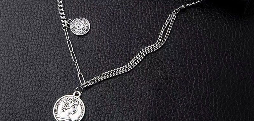 Fashion Silver Ancient Coin Portrait Round Long Necklace,Pendants