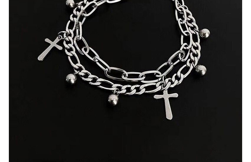 Fashion Silver Chain Cross Round Bead Stainless Steel Double Bracelet,Fashion Bracelets