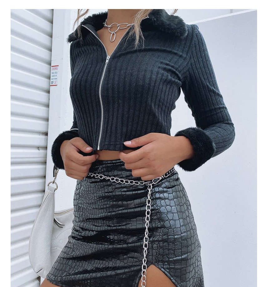 Fashion Black Pit Striped Zipper Knit Open Belly Button Lapel Cardigan Long Sleeves,Tank Tops & Camis