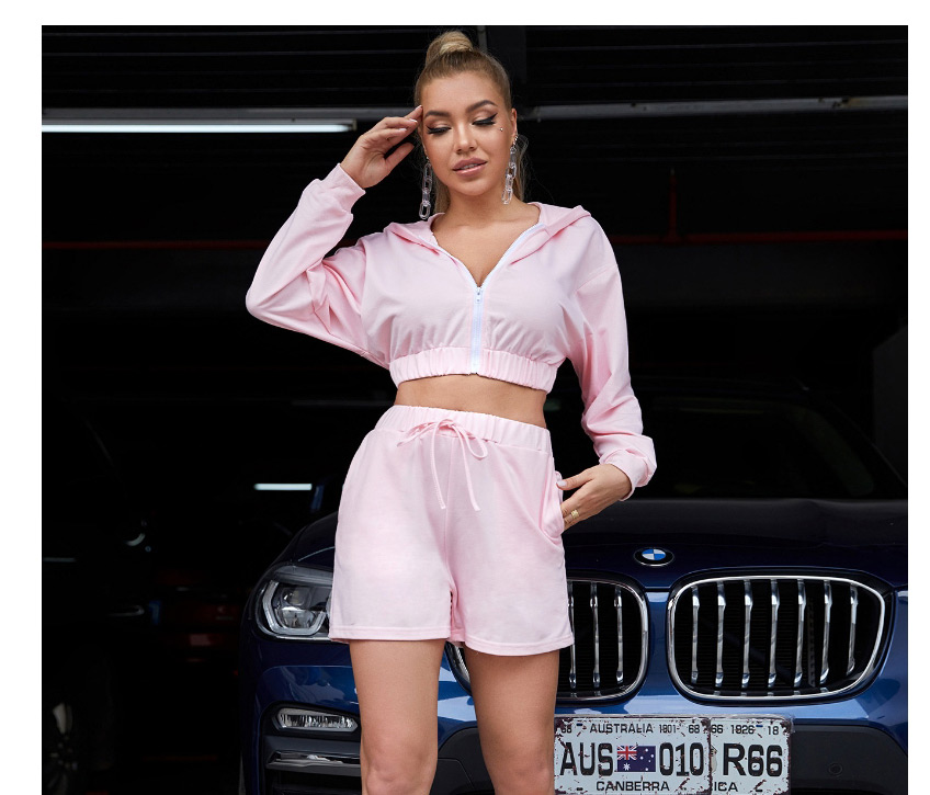 Fashion Pink Short Long Sleeve Top + High Waist Wide Leg Shorts Two-piece Set,Tank Tops & Camis