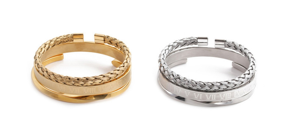 Fashion Twisted Silver Color Stainless Steel Roman Letter Twist Open C-shaped Twisted Bracelet Set,Bracelets Set