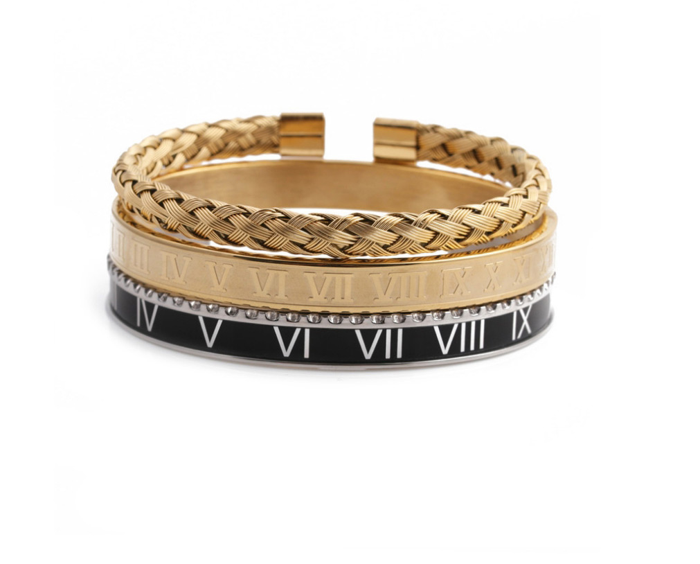 Fashion Black Roman Alphabet Rigid Color Suit Stainless Steel Roman Letter Twist Open Bracelet Set,Bracelets Set