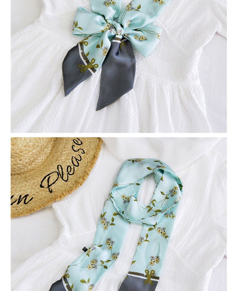 Fashion White Flowers And Grass Beige Satin Printed Bow Ribbon Long Ribbon Silk Scarf,Thin Scaves