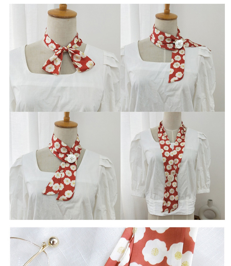 Fashion Button Watercolor Red Leaves Buttoned Narrow Strip Printed Small Silk Scarf,Thin Scaves