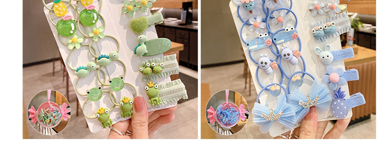 Fashion Green Frog Boxed Net Yarn Animal Fruit Children Hairpin Hair Rope Set,Kids Accessories