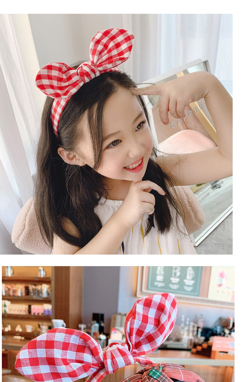 Fashion Three-piece Set Of Red Ears And Green Flowers Fabric Bowknot Checkered Net Yarn Printing Knotted Wide Side Childrens Headband,Kids Accessories