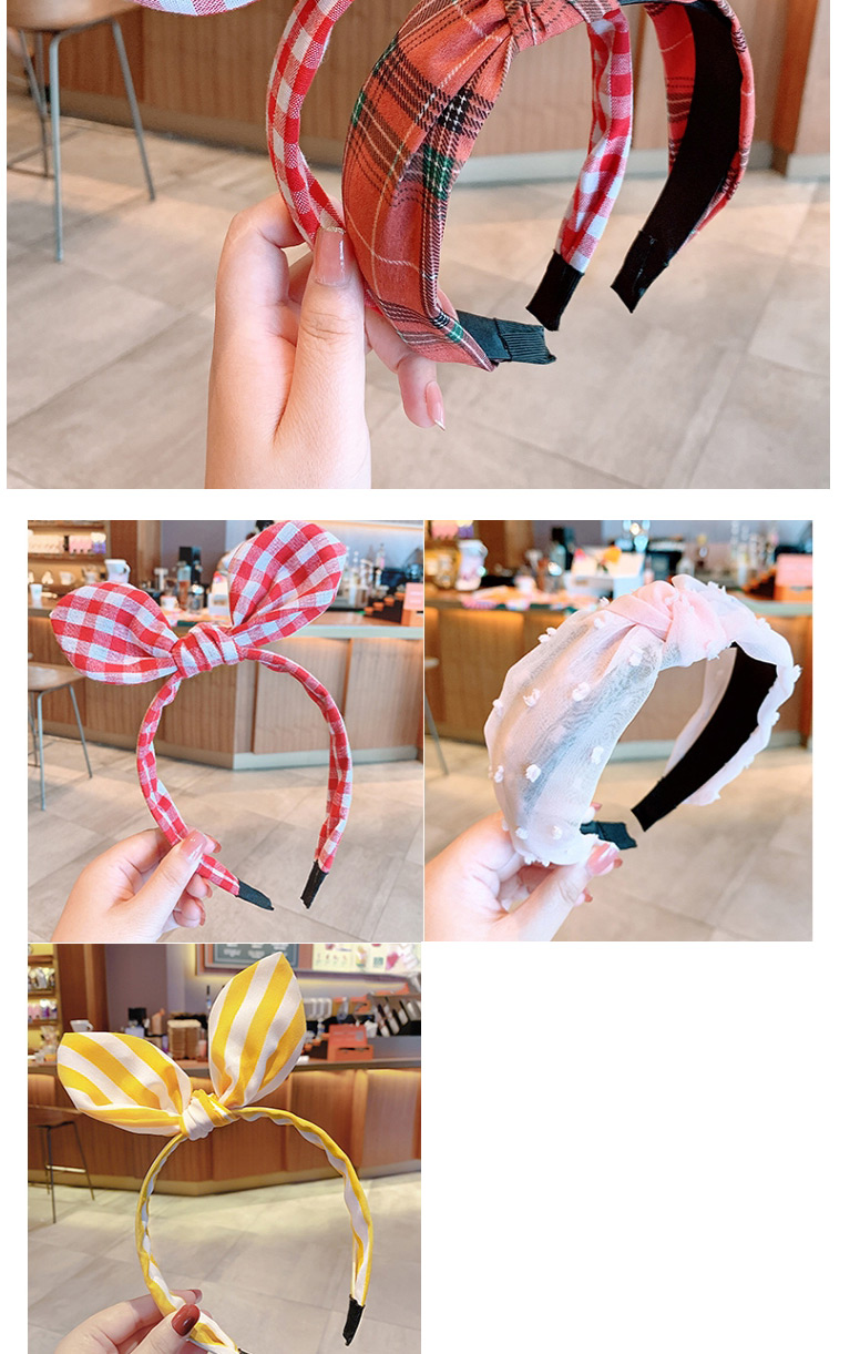Fashion Deep Pink Three-piece Suit Fabric Bowknot Checkered Net Yarn Printing Knotted Wide Side Childrens Headband,Kids Accessories