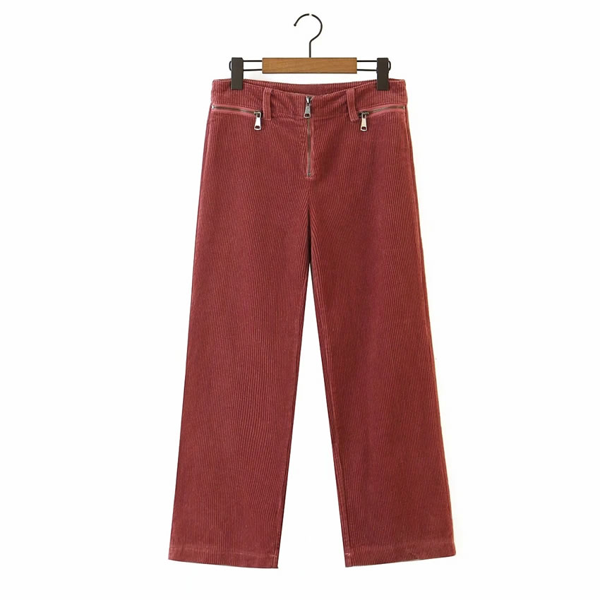 Fashion Brick Red Corduroy Zipper Solid Color Wide-leg Trousers,Pants