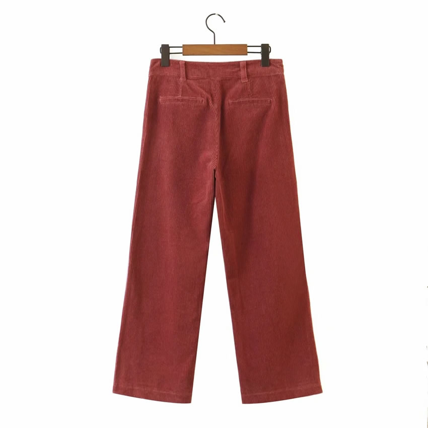 Fashion Brick Red Corduroy Zipper Solid Color Wide-leg Trousers,Pants