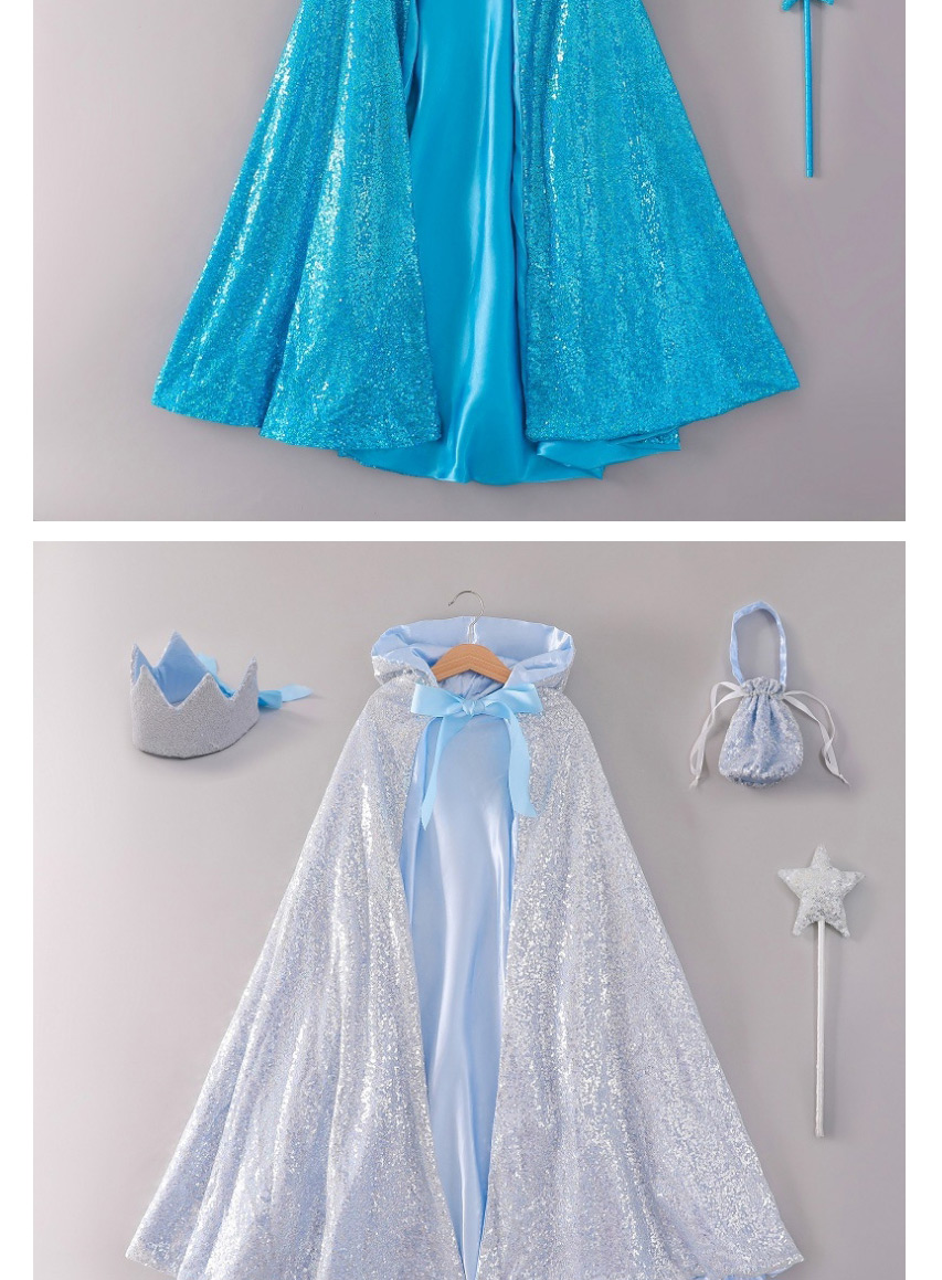 Fashion Sequin Blue-three Piece Set Tether Strap Childrens Mesh Cloak Hooded Cloak Crown Magic Wand,Kids Clothing