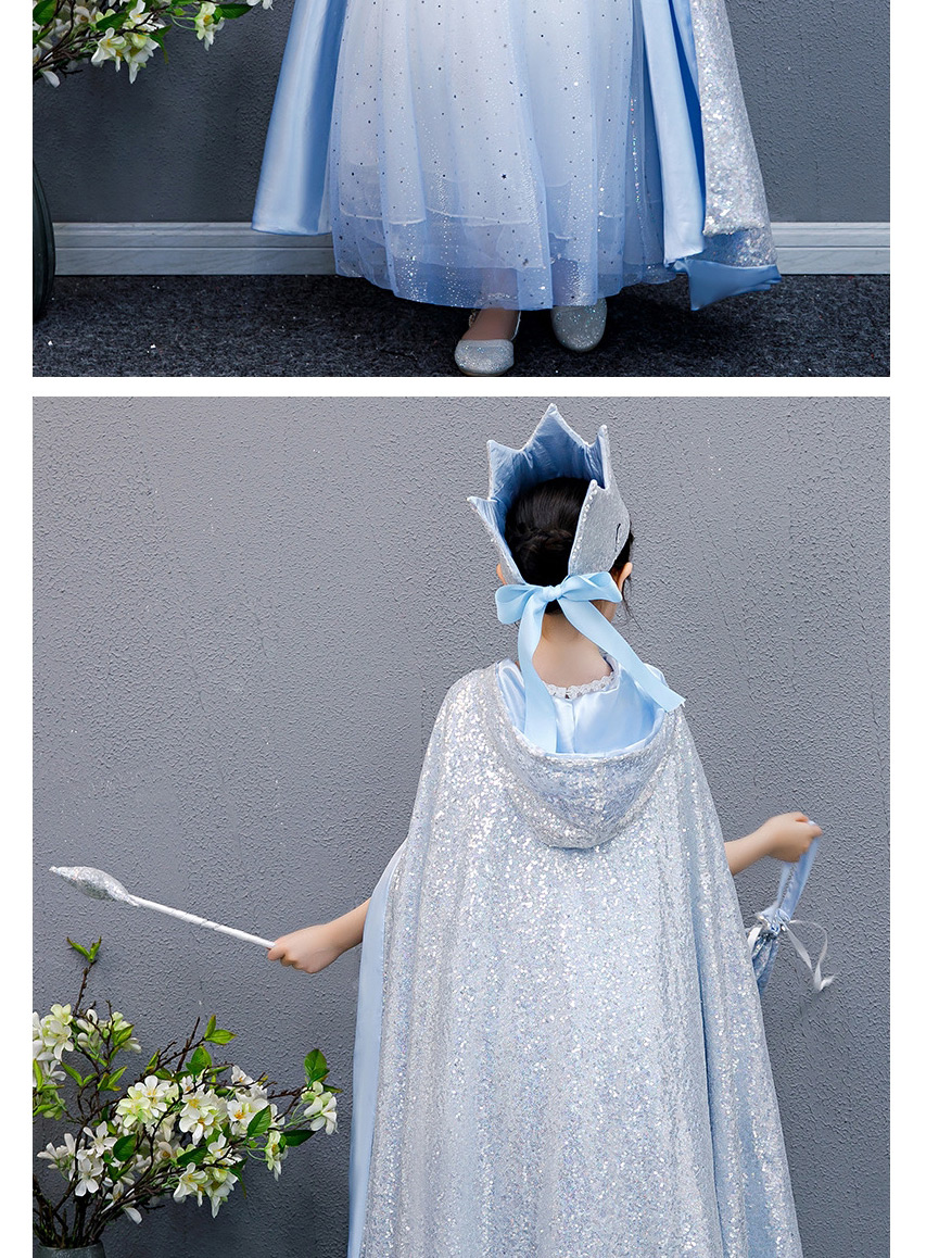 Fashion Gradient Blue Tether Strap Kids Mesh Cloak Hooded Cloak Crown Magic Wand,Kids Clothing