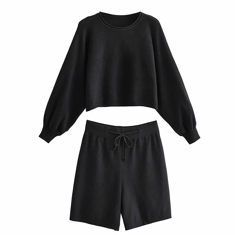 Fashion Black Lantern Sleeve Knit Long Sleeve Sweater Tether Shorts Set,Sweater