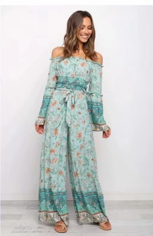 Fashion Green Floral Printed Neckline Cropped Top With Belt Wide Leg Pants Suit,Tank Tops & Camis